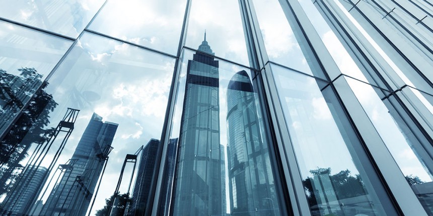 A skyscraper with glass walls