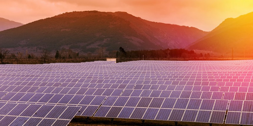 Solar panels at sunset