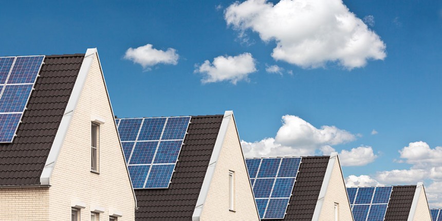 Row of new houses with solar panels